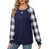 imageSaloogoe Sweatshirts for Women Crewneck Cable Knit Sleeve Sweaters Lightweight Fashion 2024Kplaid Blue