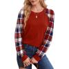 imageSaloogoe Sweatshirts for Women Crewneck Cable Knit Sleeve Sweaters Lightweight Fashion 2024Kplaid Red