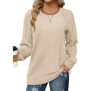 imageSaloogoe Sweatshirts for Women Crewneck Cable Knit Sleeve Sweaters Lightweight Fashion 2024Dkhaki