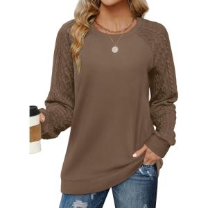 imageSaloogoe Sweatshirts for Women Crewneck Cable Knit Sleeve Sweaters Lightweight Fashion 2024Ecoffee