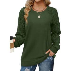 imageSaloogoe Sweatshirts for Women Crewneck Cable Knit Sleeve Sweaters Lightweight Fashion 2024Edark Green