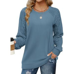 imageSaloogoe Sweatshirts for Women Crewneck Cable Knit Sleeve Sweaters Lightweight Fashion 2024Fblue