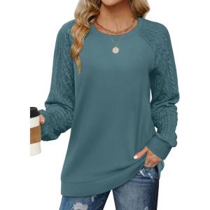 imageSaloogoe Sweatshirts for Women Crewneck Cable Knit Sleeve Sweaters Lightweight Fashion 2024Jblue Green