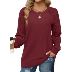 imageSaloogoe Sweatshirts for Women Crewneck Cable Knit Sleeve Sweaters Lightweight Fashion 2024Jburgundy