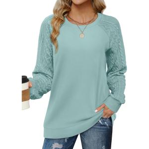imageSaloogoe Sweatshirts for Women Crewneck Cable Knit Sleeve Sweaters Lightweight Fashion 2024Jlight Green