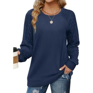 imageSaloogoe Sweatshirts for Women Crewneck Cable Knit Sleeve Sweaters Lightweight Fashion 2024Jnavy Blue