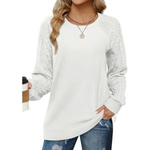 imageSaloogoe Sweatshirts for Women Crewneck Cable Knit Sleeve Sweaters Lightweight Fashion 2024Jwhite