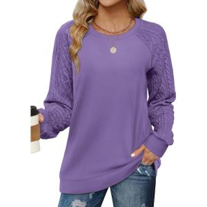 imageSaloogoe Sweatshirts for Women Crewneck Cable Knit Sleeve Sweaters Lightweight Fashion 2024Klavender