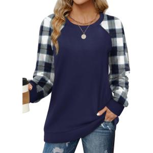 imageSaloogoe Sweatshirts for Women Crewneck Cable Knit Sleeve Sweaters Lightweight Fashion 2024Kplaid Blue