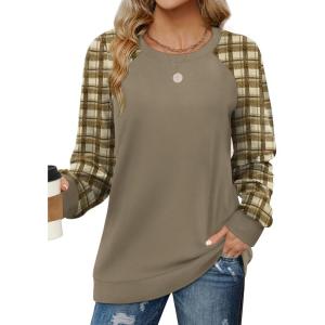 imageSaloogoe Sweatshirts for Women Crewneck Cable Knit Sleeve Sweaters Lightweight Fashion 2024Kplaid Brown