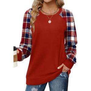 imageSaloogoe Sweatshirts for Women Crewneck Cable Knit Sleeve Sweaters Lightweight Fashion 2024Kplaid Red