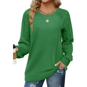imageSaloogoe Sweatshirts for Women Crewneck Cable Knit Sleeve Sweaters Lightweight Fashion 2024Kspring Green