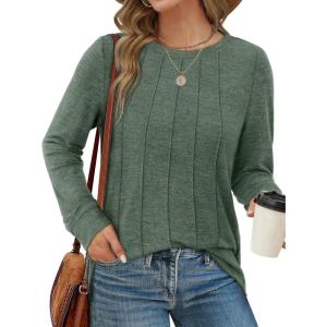 imageSaloogoe Long Sleeve Shirts for Women Dressy Casual Tops Pleated Front Lightweight SweatersClassic Green