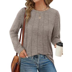 imageSaloogoe Long Sleeve Shirts for Women Dressy Casual Tops Pleated Front Lightweight SweatersClassic Khaki