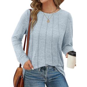 imageSaloogoe Long Sleeve Shirts for Women Dressy Casual Tops Pleated Front Lightweight SweatersDusty Blue