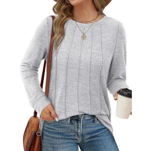 imageSaloogoe Long Sleeve Shirts for Women Dressy Casual Tops Pleated Front Lightweight SweatersLight Grey