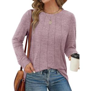 imageSaloogoe Long Sleeve Shirts for Women Dressy Casual Tops Pleated Front Lightweight SweatersMauve