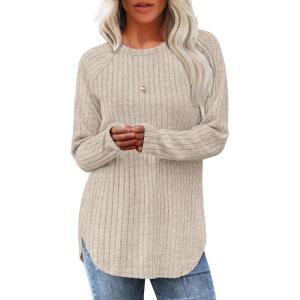 imageSaloogoe Long Sleeve Shirts for Women Tunic Tops for Women Loose Fit Dressy Crew Neck Pullover Basic Sweaters for Women 2024Apricot