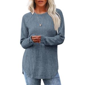 imageSaloogoe Long Sleeve Shirts for Women Tunic Tops for Women Loose Fit Dressy Crew Neck Pullover Basic Sweaters for Women 2024Blue