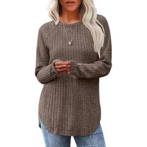 imageSaloogoe Long Sleeve Shirts for Women Tunic Tops for Women Loose Fit Dressy Crew Neck Pullover Basic Sweaters for Women 2024Brown