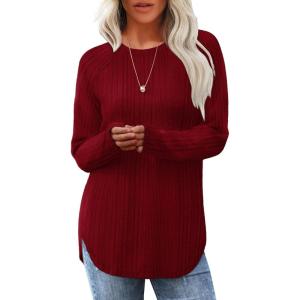 imageSaloogoe Long Sleeve Shirts for Women Tunic Tops for Women Loose Fit Dressy Crew Neck Pullover Basic Sweaters for Women 2024Burgundy Red