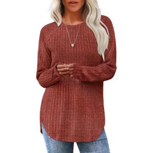 imageSaloogoe Long Sleeve Shirts for Women Tunic Tops for Women Loose Fit Dressy Crew Neck Pullover Basic Sweaters for Women 2024Caramel