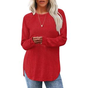 imageSaloogoe Long Sleeve Shirts for Women Tunic Tops for Women Loose Fit Dressy Crew Neck Pullover Basic Sweaters for Women 2024Christmas Red