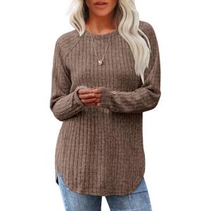 imageSaloogoe Long Sleeve Shirts for Women Tunic Tops for Women Loose Fit Dressy Crew Neck Pullover Basic Sweaters for Women 2024Coffee