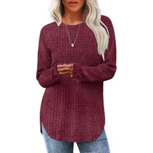 imageSaloogoe Long Sleeve Shirts for Women Tunic Tops for Women Loose Fit Dressy Crew Neck Pullover Basic Sweaters for Women 2024Fuchsia