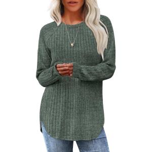 imageSaloogoe Long Sleeve Shirts for Women Tunic Tops for Women Loose Fit Dressy Crew Neck Pullover Basic Sweaters for Women 2024Green