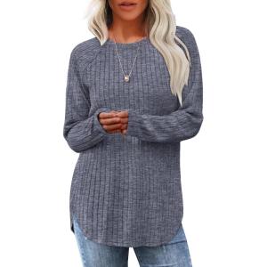 imageSaloogoe Long Sleeve Shirts for Women Tunic Tops for Women Loose Fit Dressy Crew Neck Pullover Basic Sweaters for Women 2024Grey Blue