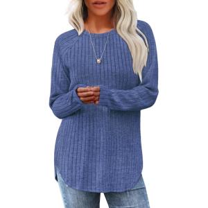 imageSaloogoe Long Sleeve Shirts for Women Tunic Tops for Women Loose Fit Dressy Crew Neck Pullover Basic Sweaters for Women 2024Haze Blue
