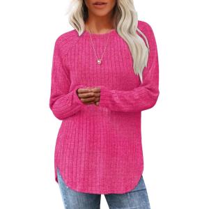 imageSaloogoe Long Sleeve Shirts for Women Tunic Tops for Women Loose Fit Dressy Crew Neck Pullover Basic Sweaters for Women 2024Hot Pink