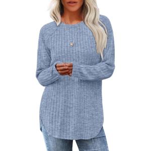 imageSaloogoe Long Sleeve Shirts for Women Tunic Tops for Women Loose Fit Dressy Crew Neck Pullover Basic Sweaters for Women 2024Light Blue