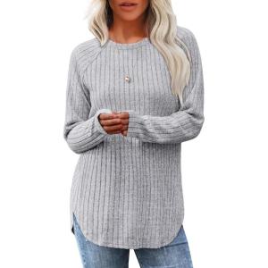 imageSaloogoe Long Sleeve Shirts for Women Tunic Tops for Women Loose Fit Dressy Crew Neck Pullover Basic Sweaters for Women 2024Light Grey
