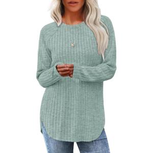 imageSaloogoe Long Sleeve Shirts for Women Tunic Tops for Women Loose Fit Dressy Crew Neck Pullover Basic Sweaters for Women 2024Light Grey Green