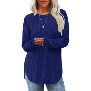 imageSaloogoe Long Sleeve Shirts for Women Tunic Tops for Women Loose Fit Dressy Crew Neck Pullover Basic Sweaters for Women 2024Navy Blue