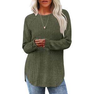 imageSaloogoe Long Sleeve Shirts for Women Tunic Tops for Women Loose Fit Dressy Crew Neck Pullover Basic Sweaters for Women 2024Olive Army Green