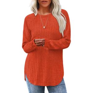 imageSaloogoe Long Sleeve Shirts for Women Tunic Tops for Women Loose Fit Dressy Crew Neck Pullover Basic Sweaters for Women 2024Orange