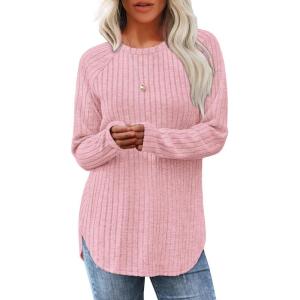 imageSaloogoe Long Sleeve Shirts for Women Tunic Tops for Women Loose Fit Dressy Crew Neck Pullover Basic Sweaters for Women 2024Pink