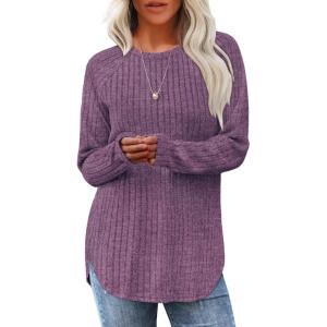 imageSaloogoe Long Sleeve Shirts for Women Tunic Tops for Women Loose Fit Dressy Crew Neck Pullover Basic Sweaters for Women 2024Purple