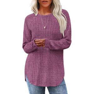 imageSaloogoe Long Sleeve Shirts for Women Tunic Tops for Women Loose Fit Dressy Crew Neck Pullover Basic Sweaters for Women 2024Rose Purple