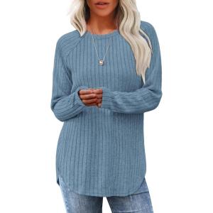 imageSaloogoe Long Sleeve Shirts for Women Tunic Tops for Women Loose Fit Dressy Crew Neck Pullover Basic Sweaters for Women 2024Steelblue