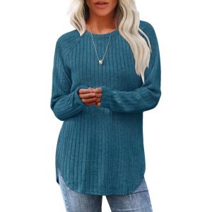 imageSaloogoe Long Sleeve Shirts for Women Tunic Tops for Women Loose Fit Dressy Crew Neck Pullover Basic Sweaters for Women 2024Turquoise Blue