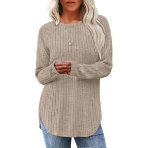 imageSaloogoe Long Sleeve Shirts for Women Tunic Tops for Women Loose Fit Dressy Crew Neck Pullover Basic Sweaters for Women 2024Yellow Khaki