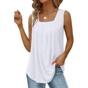 imageSaloogoe Summer Tank Tops for Women Loose Fit Pleated Square Neck Sleeveless Tops Curved Hem Flowy02white
