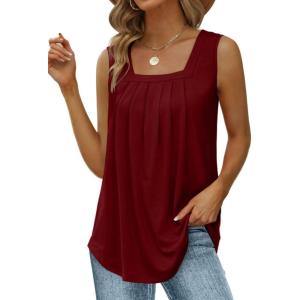 imageSaloogoe Summer Tank Tops for Women Loose Fit Pleated Square Neck Sleeveless Tops Curved Hem Flowy06burgundy