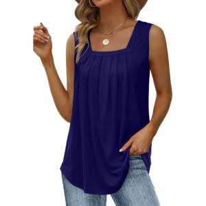 imageSaloogoe Summer Tank Tops for Women Loose Fit Pleated Square Neck Sleeveless Tops Curved Hem Flowy06navy