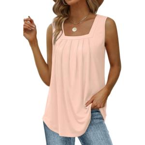 imageSaloogoe Summer Tank Tops for Women Loose Fit Pleated Square Neck Sleeveless Tops Curved Hem Flowy06pink