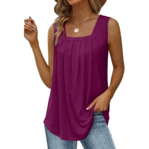 imageSaloogoe Summer Tank Tops for Women Loose Fit Pleated Square Neck Sleeveless Tops Curved Hem Flowy06purple